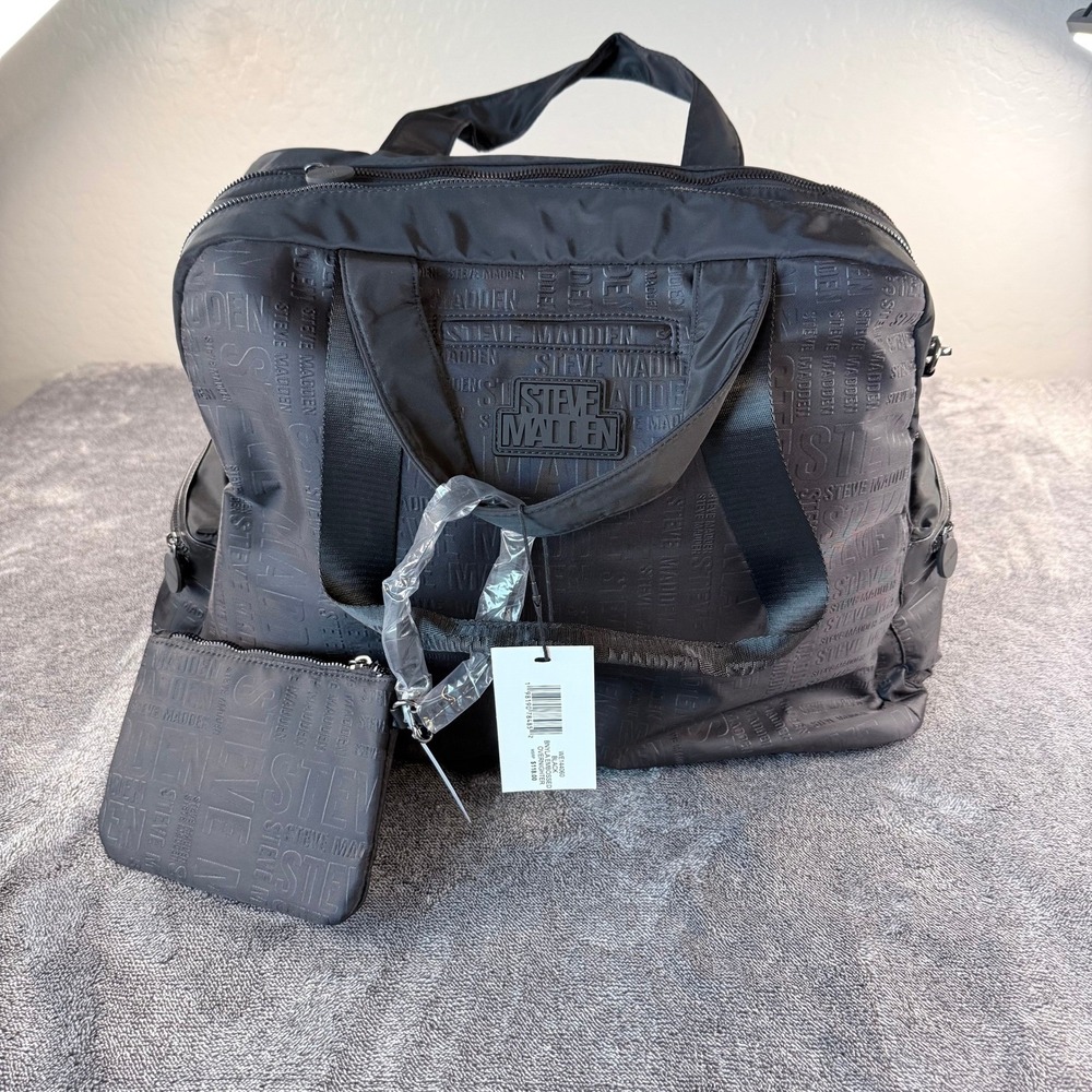 Steve Madden Bnyla Embossed Overnighter Bag Black Nylon Travel Duffel NWT $118